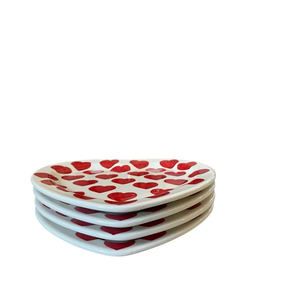 Maxcera Red Heart Valentine Plates 8in Ceramic Set of 4 White New